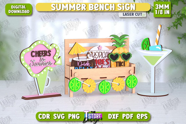 Summer Bench Sign Laser Cut | Summer Vibe | Summer Stand with Elements | CNC File SVG The T Store Design 