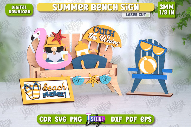 Summer Bench Sign Laser Cut | Summer Vibe | Summer Stand with Elements | CNC File SVG The T Store Design 