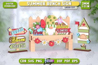 Summer Bench Sign Laser Cut | Summer Vibe | Summer Stand with Elements | CNC File SVG The T Store Design 