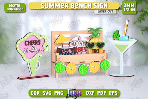 Summer Bench Signs Laser Cut Bundle | Summer Vibe | Summer Stands with Elements | CNC Files SVG The T Store Design 