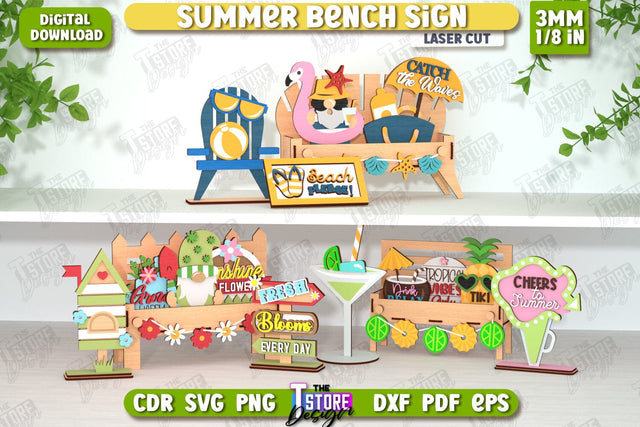 Summer Bench Signs Laser Cut Bundle | Summer Vibe | Summer Stands with Elements | CNC Files SVG The T Store Design 