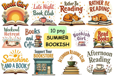 Summer Bookish Hand-Drawn PNG Bundle | Book Lover Sublimation Designs, Reading Club Shirt PNG, Books and Coffee Graphic Collection Sublimation FloridPrintables 