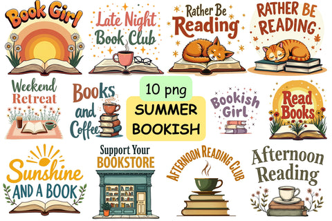Summer Bookish Hand-Drawn PNG Bundle | Book Lover Sublimation Designs, Reading Club Shirt PNG, Books and Coffee Graphic Collection Sublimation FloridPrintables 