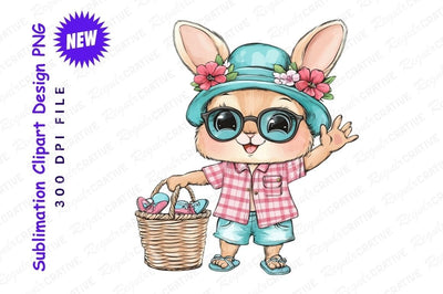 Summer Bunny Clipart With Flowers And Basket Sublimation Regulrcrative 