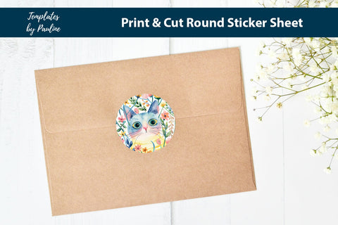 Summer Cat Round Sticker Sheet, Cute Cat Digital Sticker SVG Templates by Pauline 