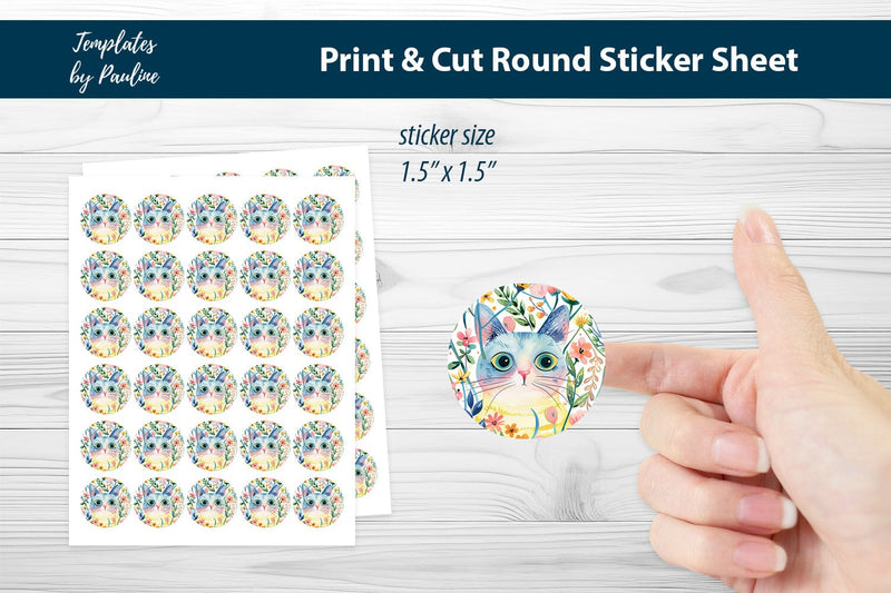 Summer Cat Round Sticker Sheet, Cute Cat Digital Sticker SVG Templates by Pauline 