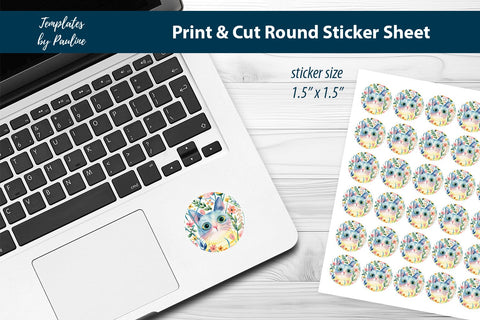Summer Cat Round Sticker Sheet, Cute Cat Digital Sticker SVG Templates by Pauline 