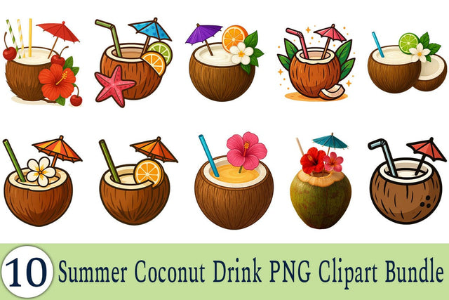 Summer Coconut Drink PNG Clipart Bundle Printable File Sublimation Creativedesigntee 