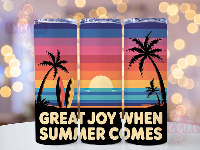 Summer Comes Joy 20oz Tumbler, Summer Comes Phrase, Cheerful Seasonal Illustration, Sublimation Tumbler Wrap, 20oz Tumbler, Fun Summer Gift, Bright Tropical Style Sublimation SvggirlplusArt 