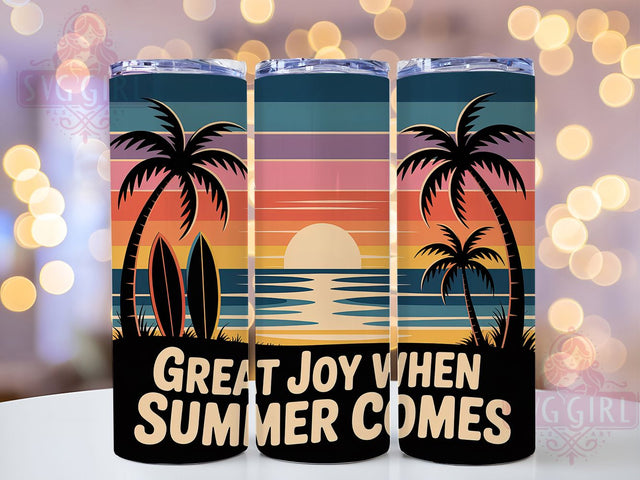 Summer Comes Joy 20oz Tumbler, Summer Comes Phrase, Cheerful Seasonal Illustration, Sublimation Tumbler Wrap, 20oz Tumbler, Fun Summer Gift, Bright Tropical Style Sublimation SvggirlplusArt 