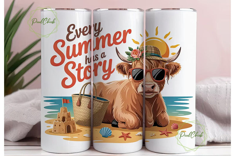 Summer Cow Beach Tumbler Wrap Sublimation PixelChick 