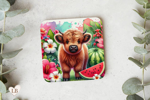 Summer Cow Coaster, Tropical Cow Square Coaster Design Sublimation BijouBay 