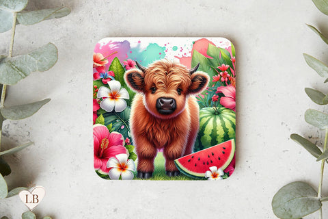 Summer Cow Coaster, Tropical Cow Square Coaster Design Sublimation BijouBay 