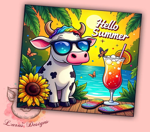Summer Cow Tumbler, Cute Cow Design, Hello Summer, 20oz Tumbler Wrap, Sublimation PNG, Digital Download, Fun Summer Vibes Sublimation Lara' s Designs 