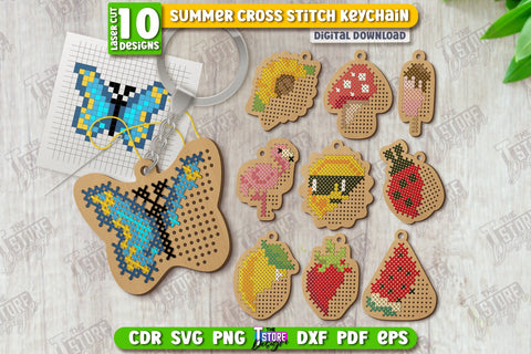 Summer Cross Stitch Keychain Laser Cut Bundle | Wooden Keyring | Shape | CNC Files SVG The T Store Design 