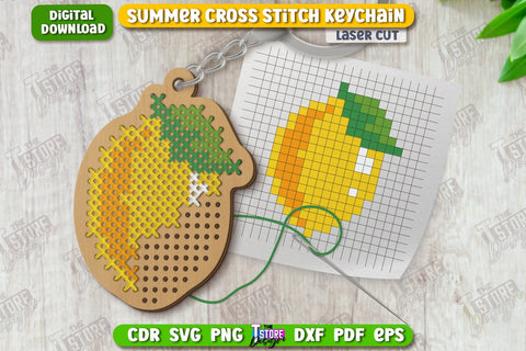 Summer Cross Stitch Keychain Laser Cut Bundle | Wooden Keyring | Shape | CNC Files SVG The T Store Design 