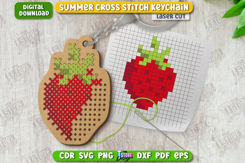 Summer Cross Stitch Keychain Laser Cut Bundle | Wooden Keyring | Shape | CNC Files SVG The T Store Design 