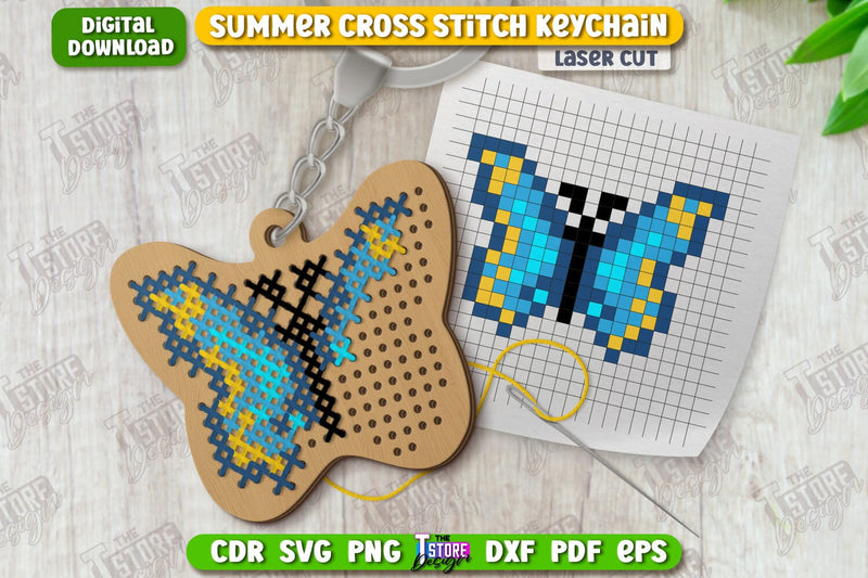 Summer Cross Stitch Keychain Laser Cut | Wooden Keyring | Butterfly Shape | CNC File SVG The T Store Design 
