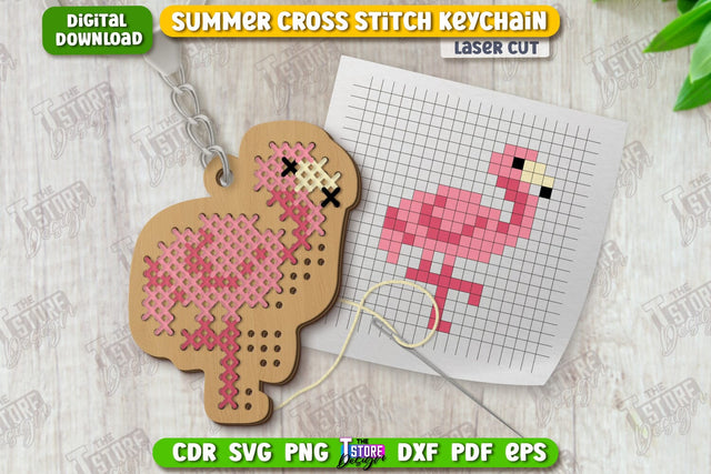 Summer Cross Stitch Keychain Laser Cut | Wooden Keyring | Flamingo Shape | CNC File SVG The T Store Design 