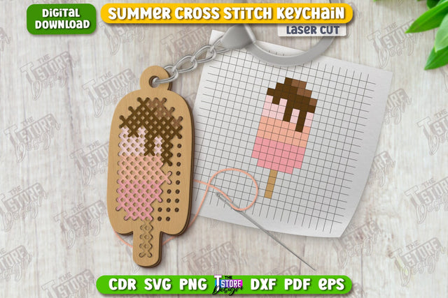 Summer Cross Stitch Keychain Laser Cut | Wooden Keyring | Ice Cream Shape | CNC File SVG The T Store Design 