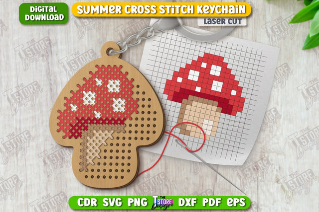 Summer Cross Stitch Keychain Laser Cut | Wooden Keyring | Mushrooms Shape | CNC File SVG The T Store Design 