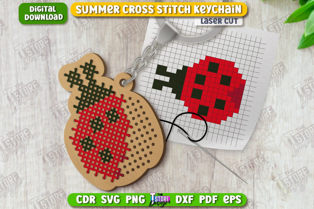 Summer Cross Stitch Keychain Laser Cut | Wooden Keyring | Shape | CNC File SVG The T Store Design 