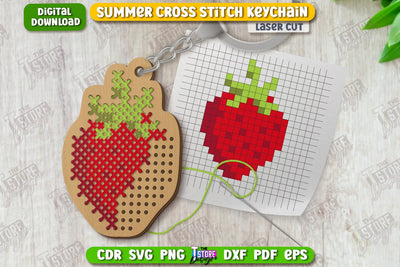Summer Cross Stitch Keychain Laser Cut | Wooden Keyring | Shape | CNC File SVG The T Store Design 