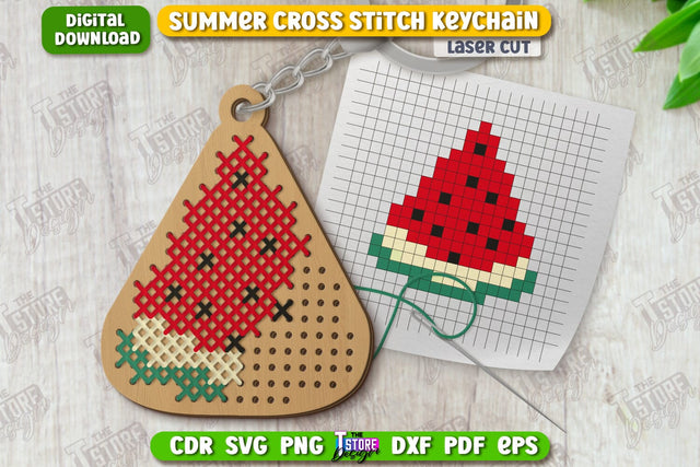 Summer Cross Stitch Keychain Laser Cut | Wooden Keyring | Shape | CNC File SVG The T Store Design 