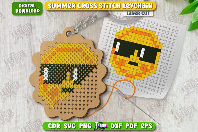Summer Cross Stitch Keychain Laser Cut | Wooden Keyring | Shape | CNC File SVG The T Store Design 