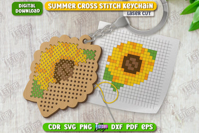 Summer Cross Stitch Keychain Laser Cut | Wooden Keyring | Sunflower Shape | CNC File SVG The T Store Design 