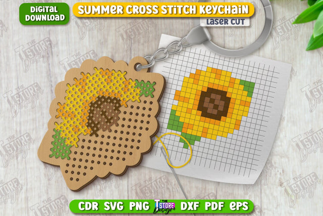 Summer Cross Stitch Keychain Laser Cut | Wooden Keyring | Sunflower Shape | CNC File SVG The T Store Design 