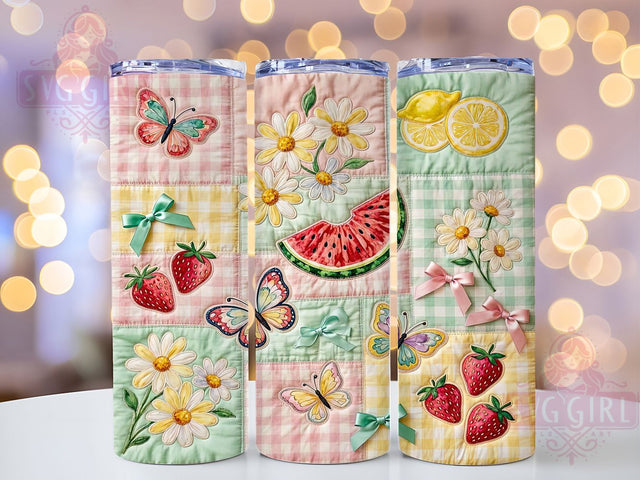 Summer Daisy Butterfly Quilt 20oz Tumbler, Summer Theme, Daisy Motif, Butterfly Accent, Quilt Pattern, Sublimation Wrap, 20oz Tumbler, Whimsical Charm Sublimation SvggirlplusArt 