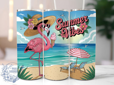 Summer Flamingo 20oz Tumbler, Tropical Bird Art, Sublimation Tumbler Wrap, 20oz Tumbler, Beach Vacation Theme, Fun Summer Gift, Playful Animal Aesthetic Sublimation ToriDesigns 