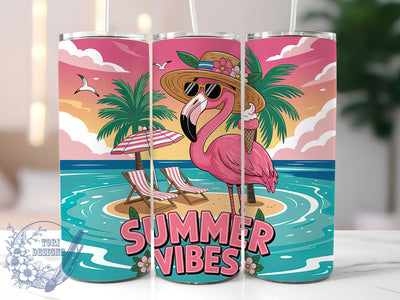 Summer Flamingo 20oz Tumbler, Tropical Bird Art, Sublimation Tumbler Wrap, 20oz Tumbler, Beach Vacation Theme, Fun Summer Gift, Playful Animal Aesthetic Sublimation ToriDesigns 