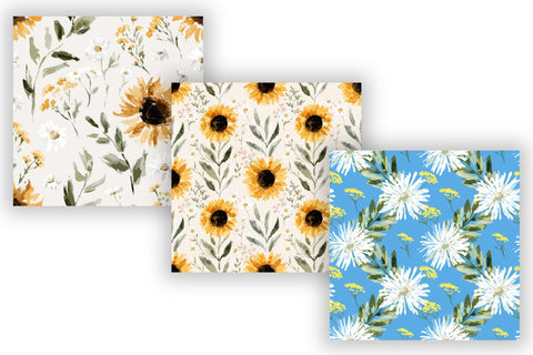 Summer Floral Seamless Pattern Pack, Watercolor Sunflower Daisy Bundle, Printable Scrapbook Paper, Blue Yellow Botanical Design Collection Digital Pattern FloridPrintables 
