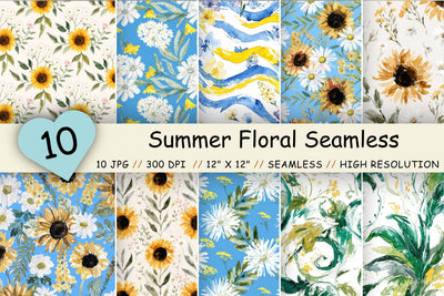 Summer Floral Seamless Pattern Pack, Watercolor Sunflower Daisy Bundle, Printable Scrapbook Paper, Blue Yellow Botanical Design Collection Digital Pattern FloridPrintables 