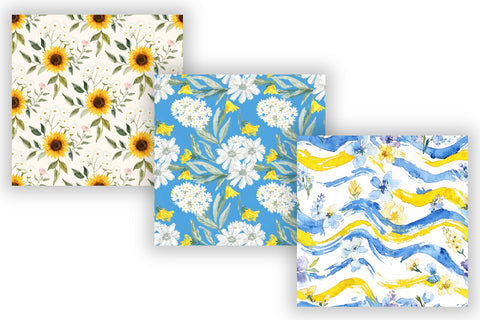 Summer Floral Seamless Pattern Pack, Watercolor Sunflower Daisy Bundle, Printable Scrapbook Paper, Blue Yellow Botanical Design Collection Digital Pattern FloridPrintables 