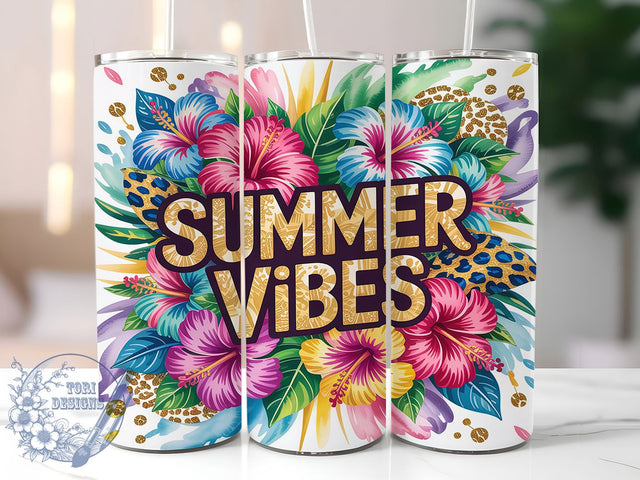Summer Floral Tropical 20oz Tumbler, Summer Vibes, Tropical Theme, Gold Foil Text, Bold Lettering, Skinny Tumbler, Sublimation PNG Sublimation ToriDesigns 