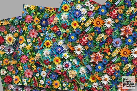 Summer Flower Quilling Pattern Digital Paper - Floral Sublimation Digital Pattern Fine Purple Elephant Creations 