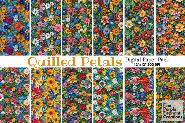 Summer Flower Quilling Pattern Digital Paper - Floral Sublimation Digital Pattern Fine Purple Elephant Creations 
