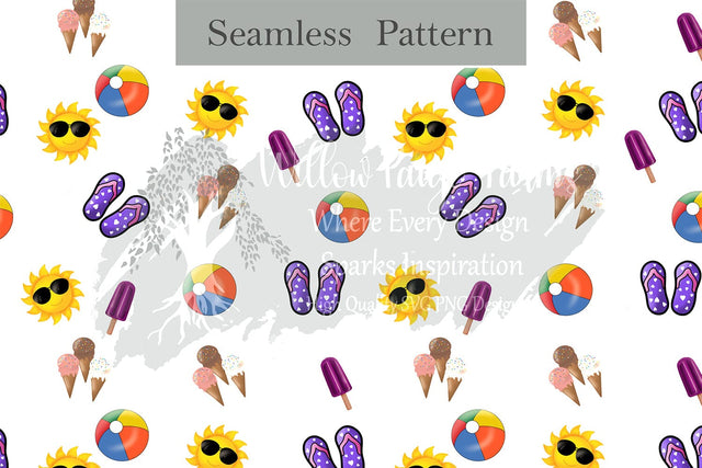Summer Fun Seamless Pattern | Beach and summer design for sublimation or scrapbooking | hand drawn designs of sun, flip flops, ETC Sublimation Willow Paige Farms 