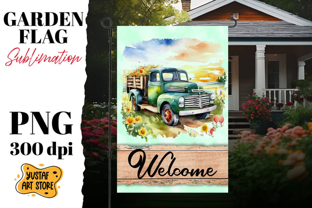Summer garden flag. Watercolor truck sublimation design Sublimation Yustaf Art Store 