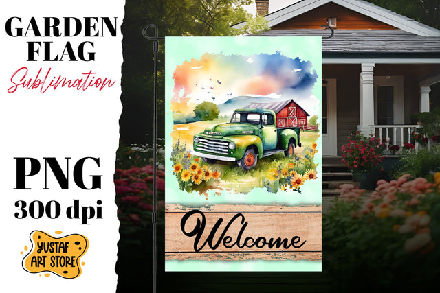 Summer garden flag. Watercolor truck sublimation design Sublimation Yustaf Art Store 