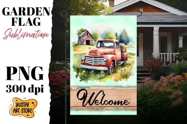 Summer garden flag. Watercolor truck sublimation design Sublimation Yustaf Art Store 