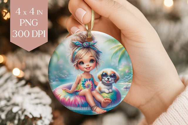 Summer Girl and Dog Ornament PNG Sublimation BijouBay 