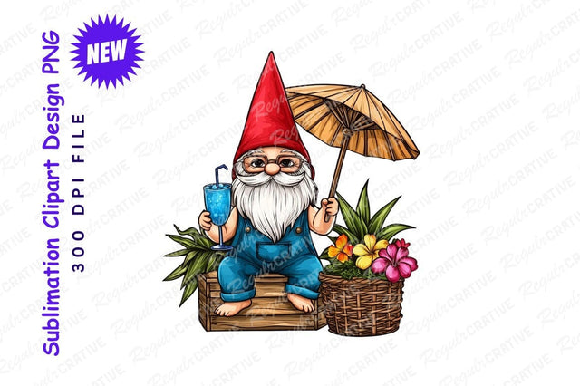 Summer Gnome With Cocktail And Parasol Clipart Sublimation Regulrcrative 