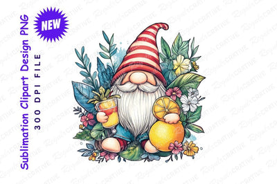 Summer Gnome With Drink And Citrus Clipart Png Sublimation Regulrcrative 