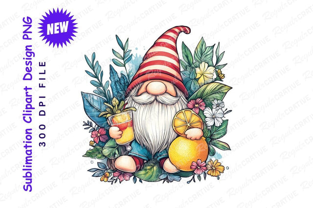 Summer Gnome With Drink And Citrus Clipart Png Sublimation Regulrcrative 