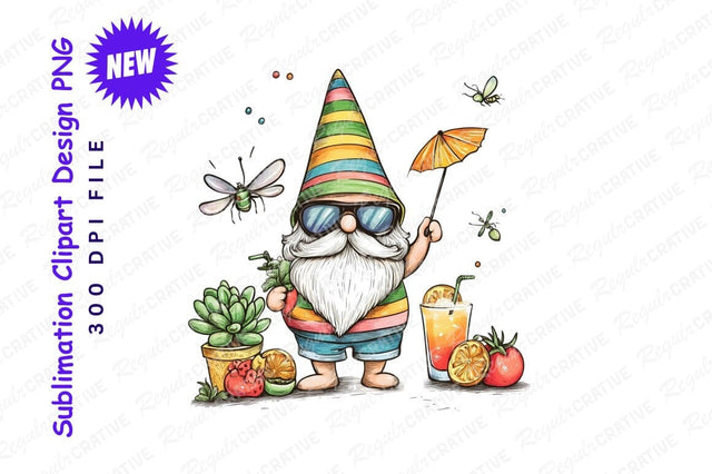 Summer Gnome With Drink Clipart Png Sublimation Regulrcrative 