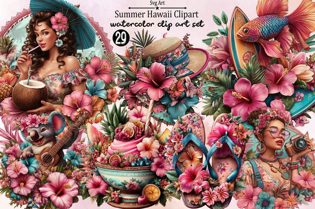 Summer Hawaii Clipart Bundle. Sublimation SVGArt 